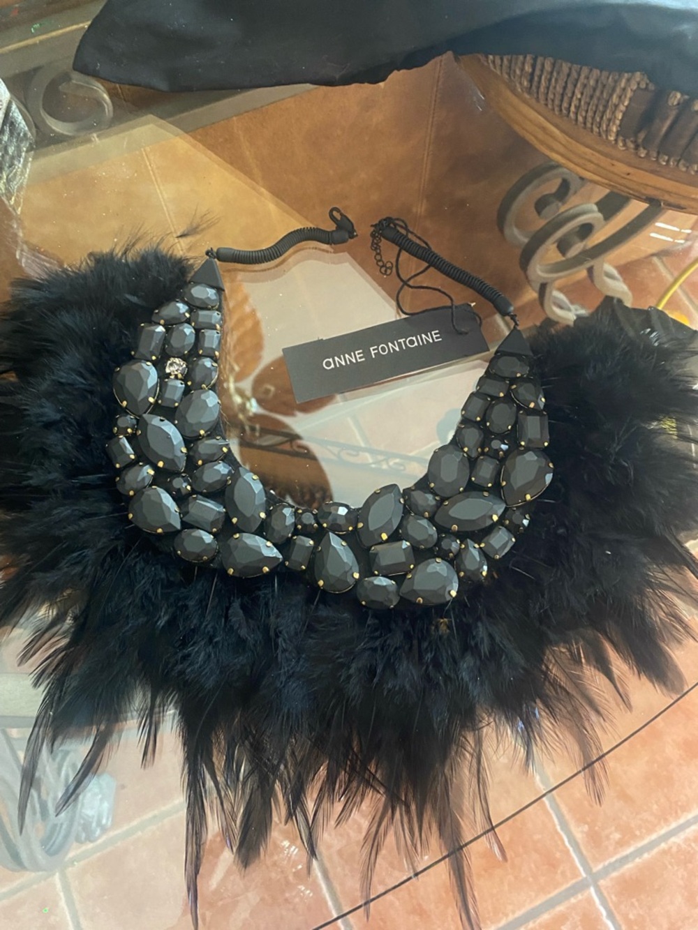 Anne Fontaine Black Feather and Faceted Gem Collar Necklace